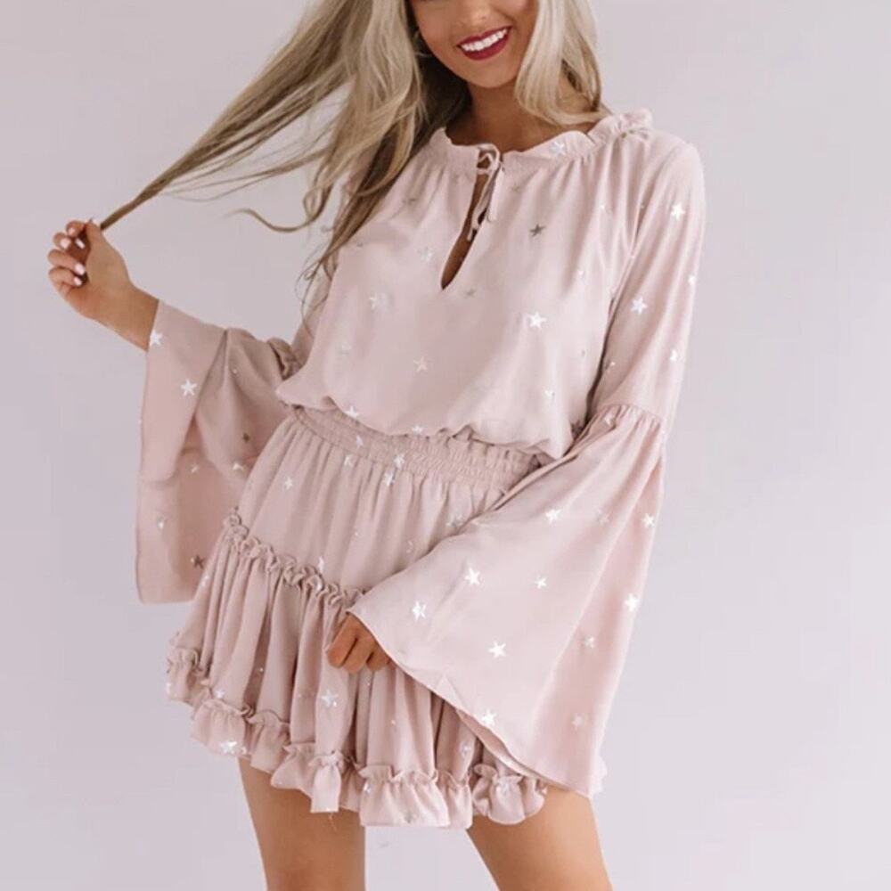 Buddy Love Pink Silver Metallic Star Bell Sleeve Dress Sz S NWT